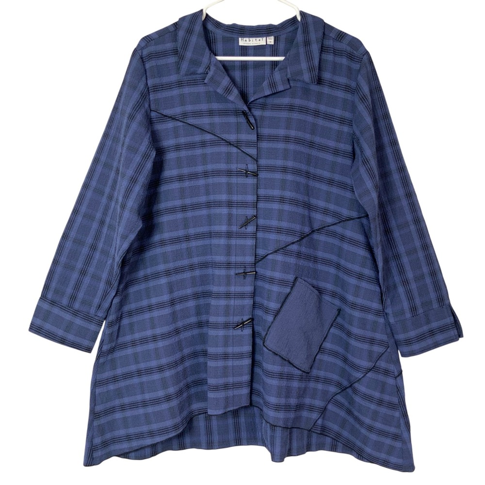 Habitat Blue Plaid Toggle Button Up Tunic M Collared Long Sleeve Asymmetrical